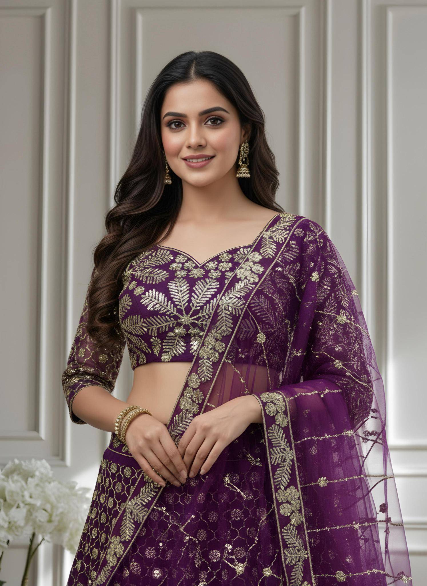Shine in style with this beautifully Butterfly Net Wine Customized lehengha choli suppliers in India